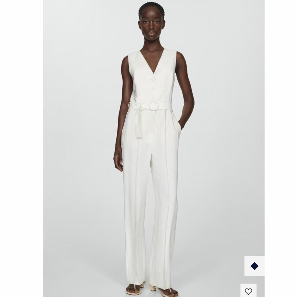 NWT Mango Belt Long Jumpsuit Off White Sleeveless Wide Leg Belted Size Small